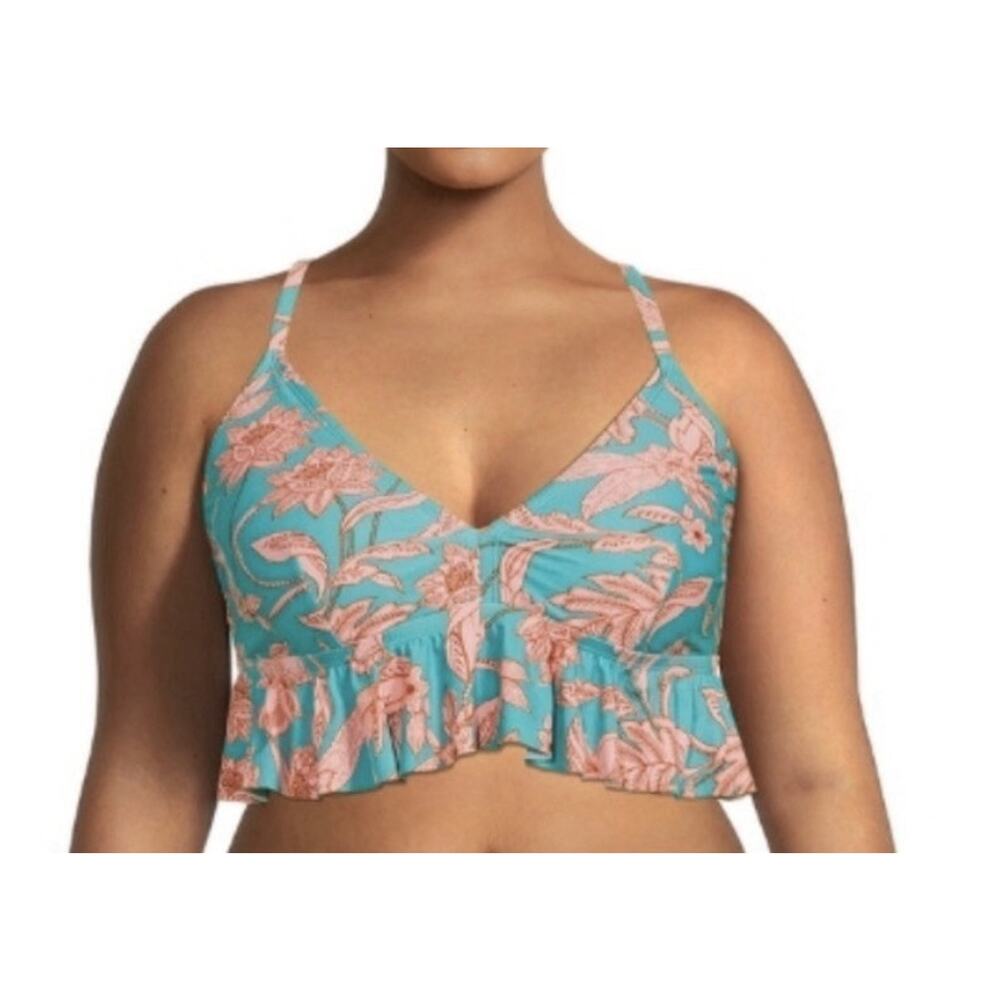 Time and Tru Teal and Pink Floral Ruffle Bikini Top